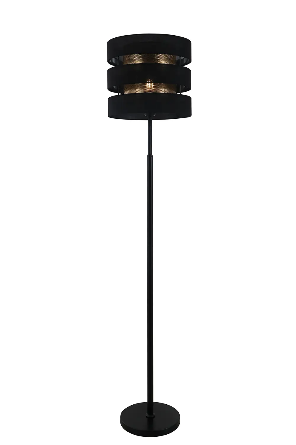 Hvordan påvirker det geometriske layout af dobbelt skygge sort gulvlampe lysfordeling og rumlig æstetik?