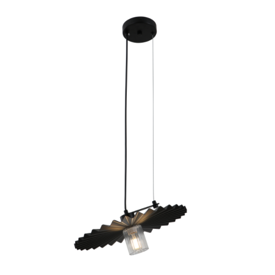 Minimalistisk sort pendellampe med plisseret skygge