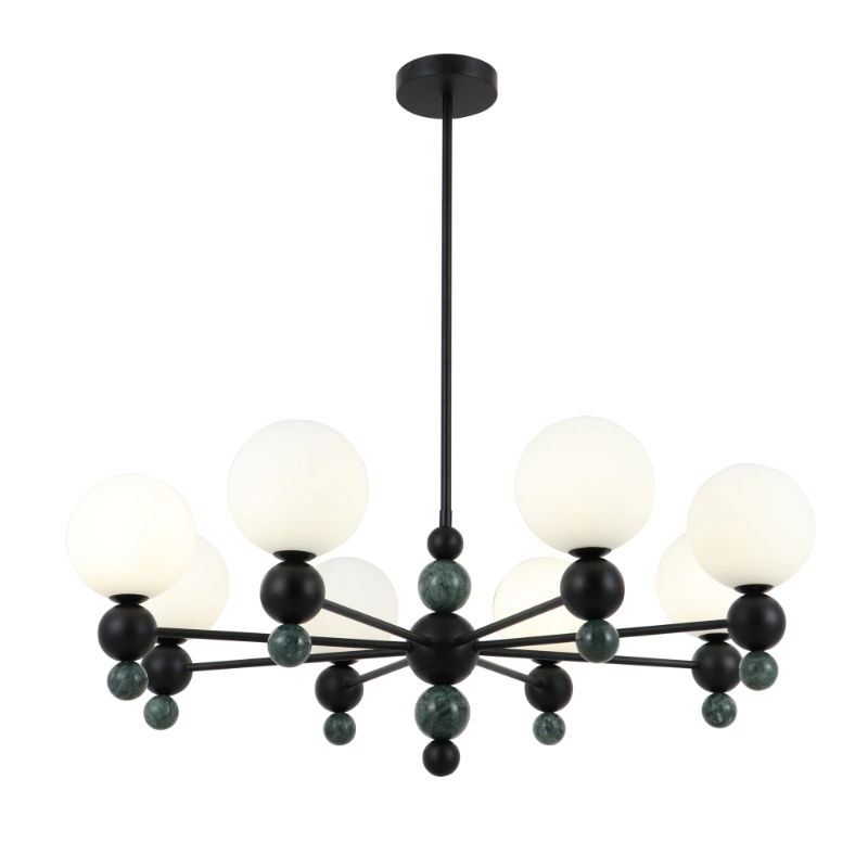 Moderne 8-Light Glas Globe Lysekrone med Grøn Marmor Accenter