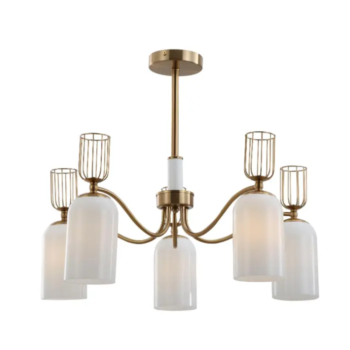 Retro 5-lys mælk hvidt glas guld lysekrone