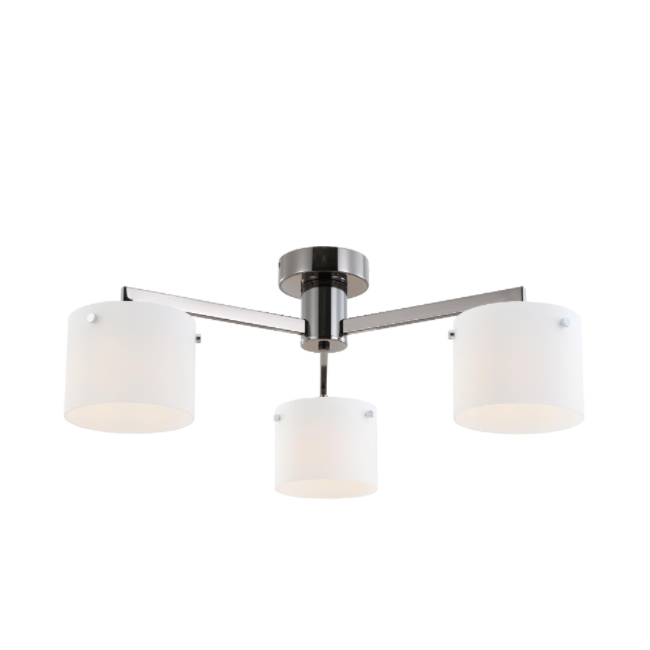 Tre lys sort krom hvidt glas loftslampe
